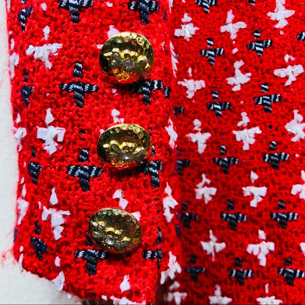 Doncaster multicolored red, white, black & silver metallic thread skirt suit szM - Picture 10 of 15